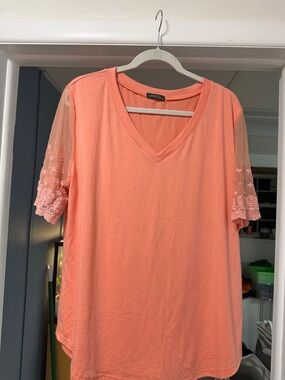 Women's Coral V-Neck Tee with Embroidered Mesh Sleeves